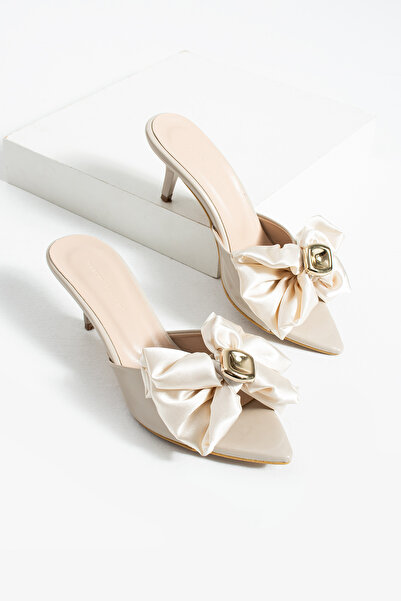 diclepolat Women's Beige Bowknot Pointed Toe Stiletto Heel U t Slipper Arisa