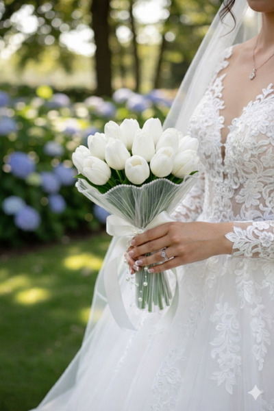 zenya store Tüllü lale gelin buketi 12+1i İle Birlikte 2 li Set