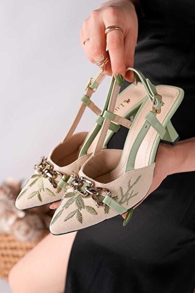 Moda Hanım حذاء نسائي بكعب مفتوح من الخلف مصنوع من الكتان الأخضر