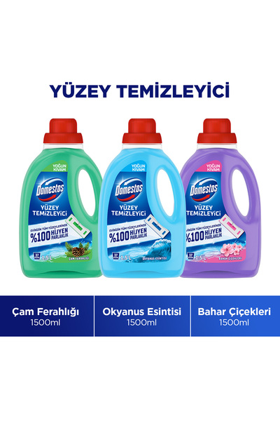 Domestos Yüzey Temizleyici Çam 1500 MLx1 + Okyanus 1500 ML x1 + Bahar Çiçekle...