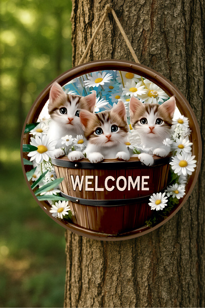 MARNELLO CONSEPT "WELCOME" Kapı Süsü - Sevimli Kediler ve Papatya Desenli Ahş...