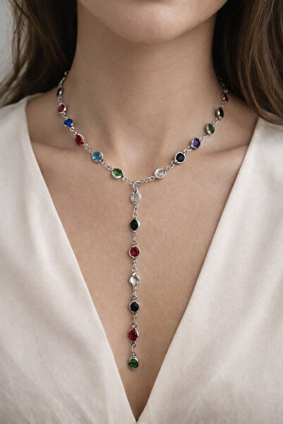 Modex Round Colored Stone Crop Low-Cut Y Necklace (56cm)