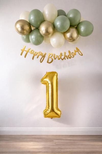 Patladı Gitti 1 Yaş Küf Yeşili Deniz Kumu ve Krom Gold Balonlu Konsept Doğum ...