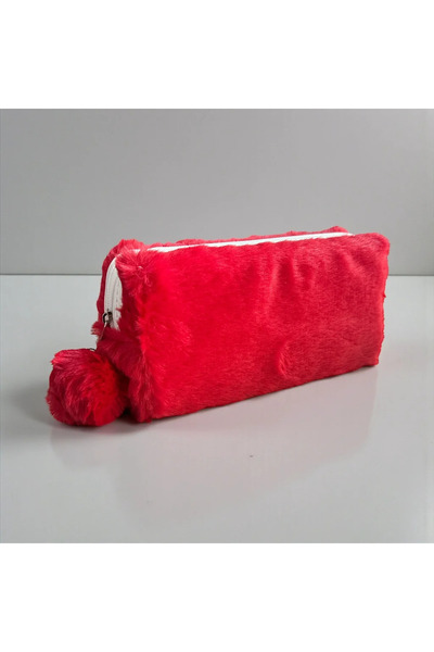 Elegance Червен калъф за моливи с плюшени помпони