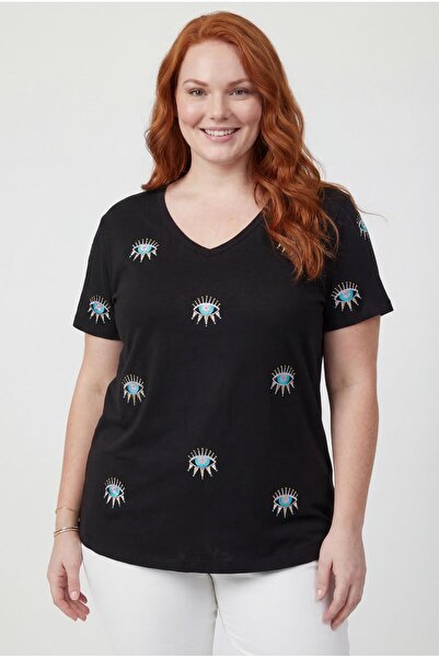 Ebsumu Γυναικεία Μαύρη Μπλούζα με Κεντητό Μάτι Plus Size