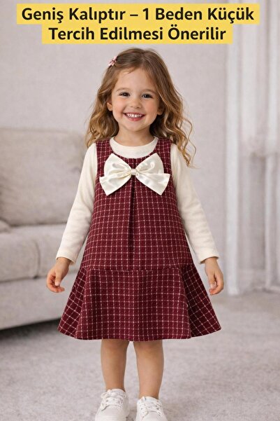 Kuzucuk Kids Bebek Çocuk Butik Kız Çocuk Bayramlık Bordo Tüvit Jile Elbise Bl...