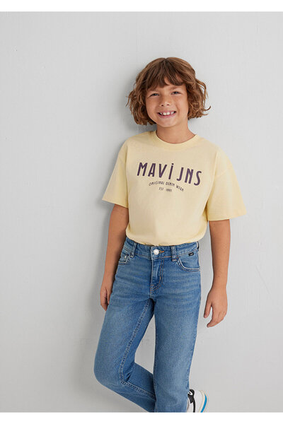 Mavi Jns bedrucktes gelbes T-Shirt, lockere Passform / lockere, bequeme Passf...