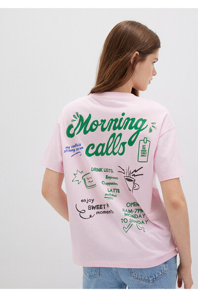 Mavi Tricou roz cu imprimeu Morning Calls, cu croiala largi / largi, conforta...