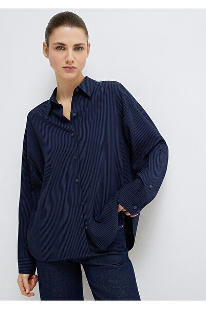 Mavi Çizgili Lacivert Gömlek Oversize / Geniş Kesim 1210878-83699