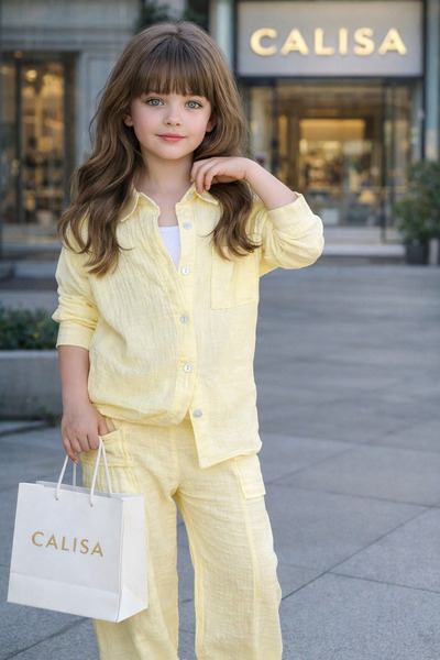 CALİSA Летен комплект от муселин за момичета, 3 части: риза, тениска, пантало...