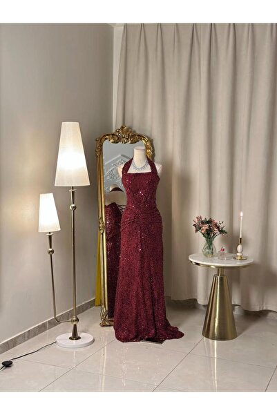 vanus fashion 6463-فستان سهرة برغندي لامع بتصميم ساحر