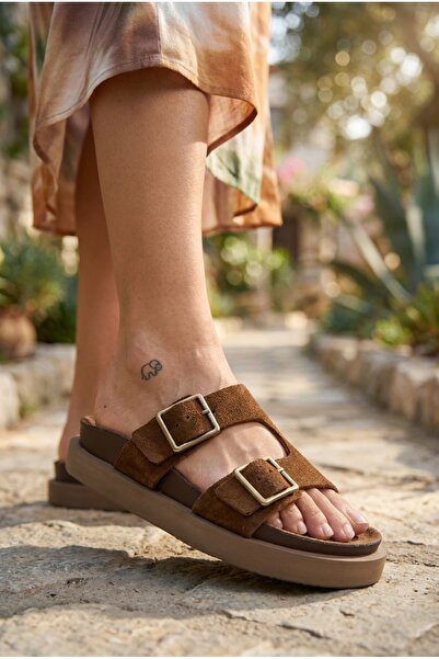 Manijero ® Jimena Hakiki Deri Taba Çift Tokalı Yüksek Taban Terlik