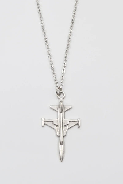 ıdr Modern F-5 Tiger Uçak Kolye - Düz Ezme İthal Zincirli Unisex Gümüş Kaplam...