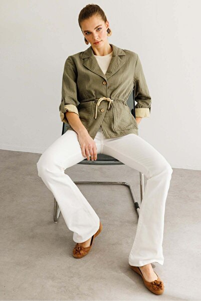 Desen Triko Kadın Beli Bağlamalı %100 Pamuk Ceket Haki