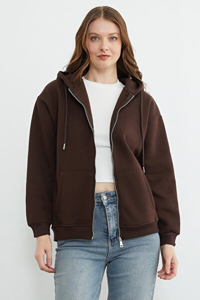 Fulla Moda Basic Fermuarlı Kapüşonlu Oversize Sweatshirt