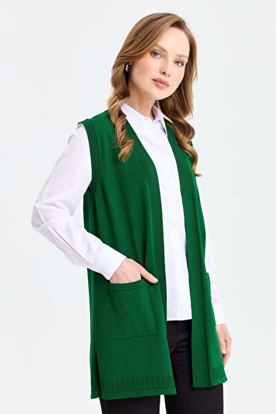 Desen Triko Vestă de tricotaj subțire ajurata de damă cu spate și fustă verde