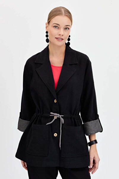 Desen Triko سترة نسائية بخصر مربوط 100% قطن باللون الأسود