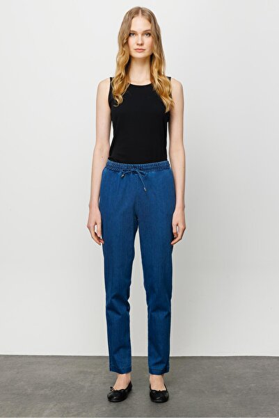 Desen Triko بنطلون جينز نسائي بخصر مطاطي ورباط باللون الأزرق