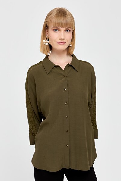 Desen Triko Khaki Colored Lace Striped Women's Shirt - Maroken
