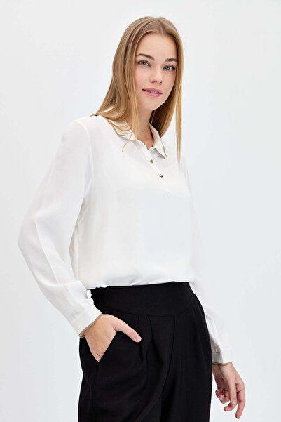 Desen Triko POLO YAKA UZUN KOLLU EKRU KADIN BLUZ  23486-2Y4