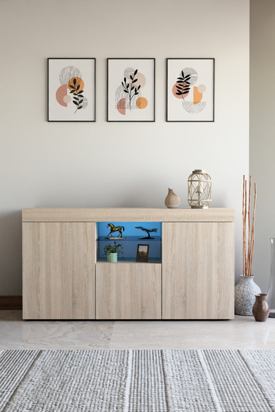 ECM Konsol Led Aydınlatmalı Şık Büfe Cam Raflı Modern Ve Zarif Konsol Sonoma ...