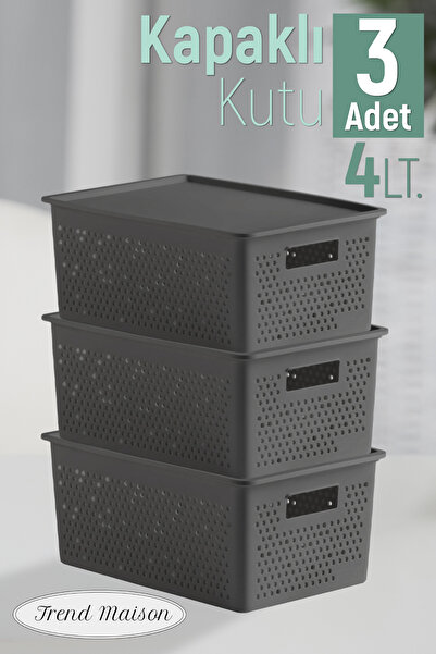 Trend Maison منظم متعدد الأغراض 4 لتر. صندوق تخزين بغطاء بلاستيكي 3 قطع رمادي