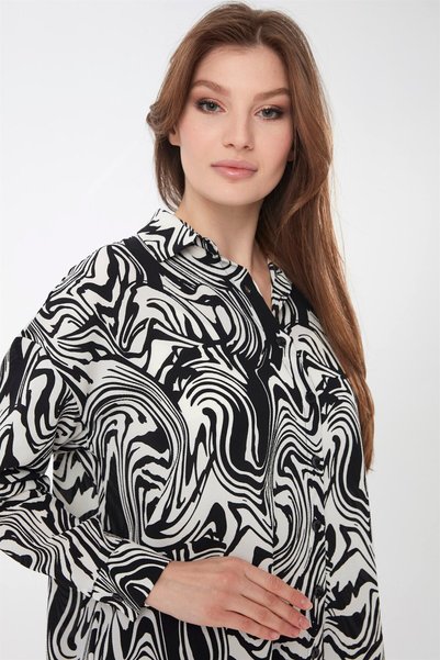 Desen Triko Women's Zebra Patterned Shirt Black