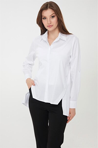 Desen Triko قميص قطني نسائي بأزرار باللون الأبيض