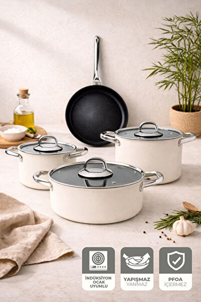 Kitchen Life Gigilli Esperanza 7 Piece Titanium Pot and Pan Set Cream