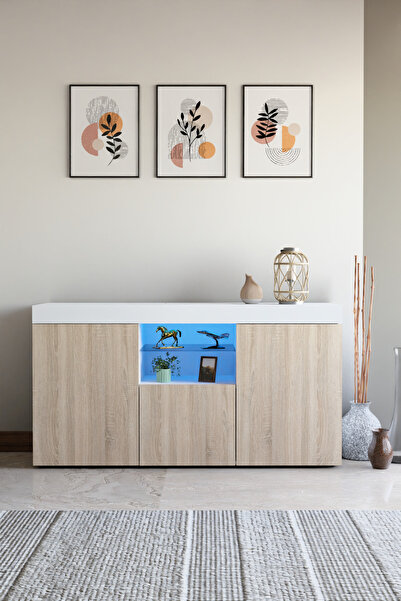 ECM Konsol Led Aydınlatmalı Şık Büfe Cam Raflı Modern Ve Zarif Konsol Beyaz S...