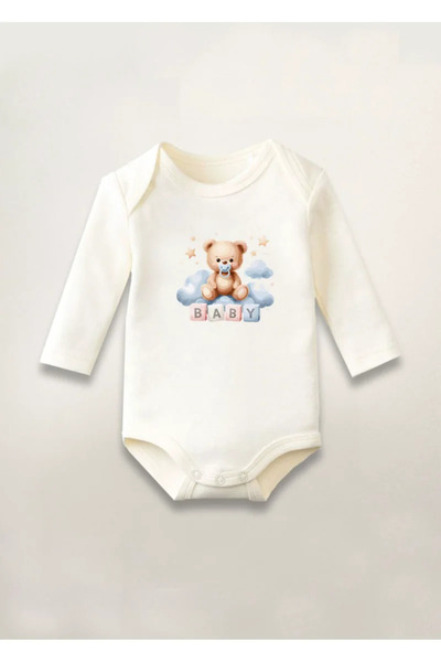 MODA Cute Teddy Bear Printed Cotton Long Sleeve Snap Baby Bodysuit Undershirt...