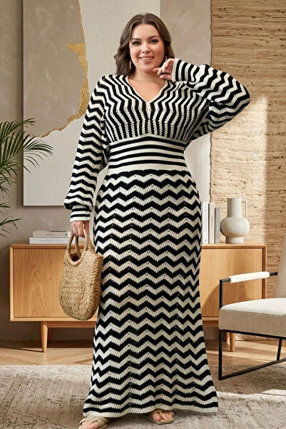 Sea Style Women's Black White Zigzag Patterned V-Neck Long Knit Dress
