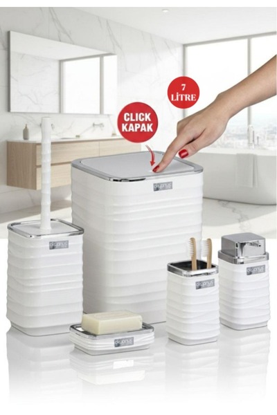 Okyanus Home Beyaz Krom Dalgalı Desenli Kare 5'li Banyo Seti