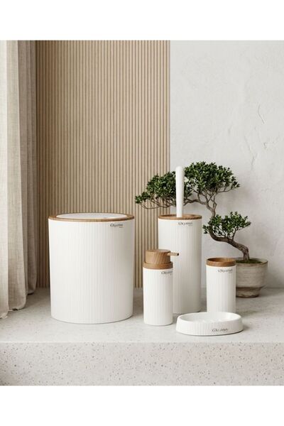 Okyanus Home طقم حمام مينا دائري مخطط من الخشب الأبيض مكون من 5 قطع