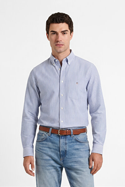 Gant Erkek Mavi Regular Fit Çizgili Logolu Gömlek