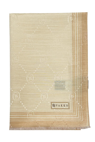 Vakko Pamuk İpek Şal - Bordürlü Monogram - Krem Sarı