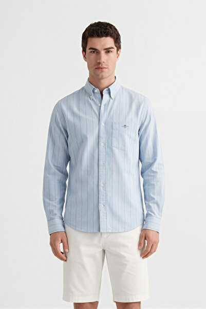 Gant Erkek Mavi Regular Fit Çizgili Logolu Gömlek