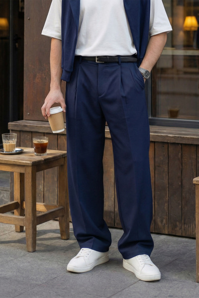 Livio Ferri Men's Fabric Baggy Fit Pleated Pants