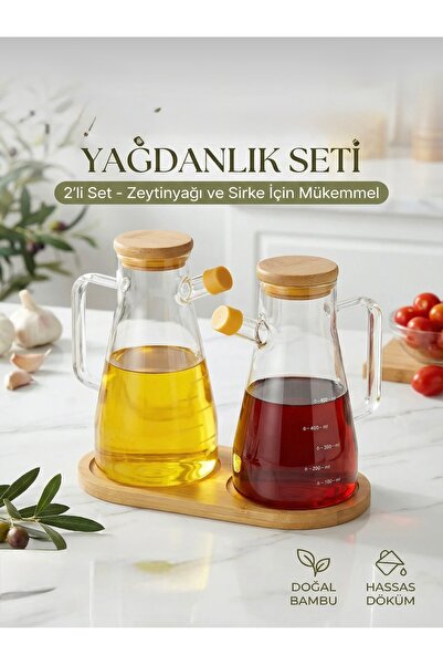 ERKUGO 2 Adet Vakumlu Bambu Kapaklı Borosilikat Yağdanlık, Zeytinyağı Sıvıyağ...