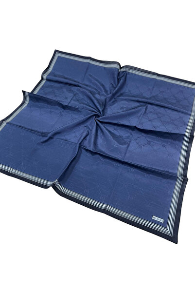 Vakko Pamuk İpek Eşarp - Bordürlü Monogram - Lacivert