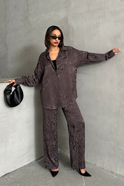 BEJNA Women's Brown Leopard Patterned Satin Suit