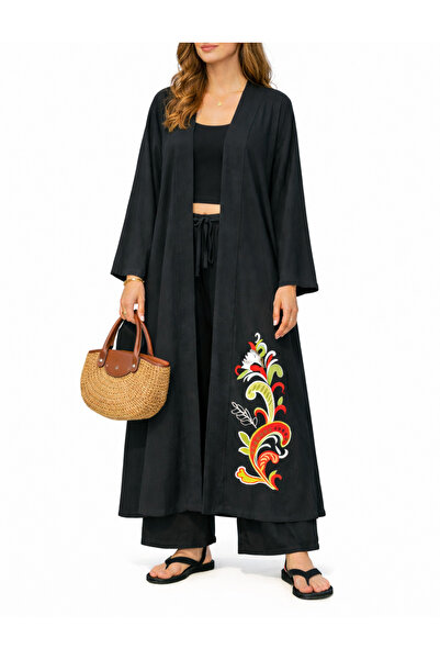 Yena Tekstil Etek Ucu Nakışlı Siyah Tesettür Kimono Ferace