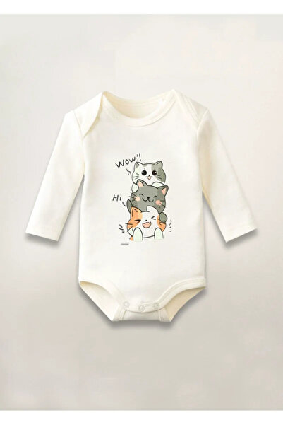 MODA Cute 3 Cat Cat Printed Cotton Long Sleeve Snap Fastener Baby Bodysuit Un...