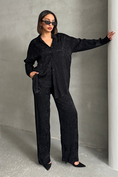 BEJNA Women's Black Leopard Patterned Satin Suit