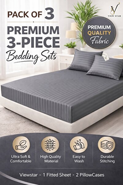 View star 3-Piece Striped Fitted Bed Sheet Set with 2 Pillowcases, Soft Breat...