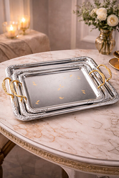 Dania Luxury stainless steel serving tray set – three different sizes with an...