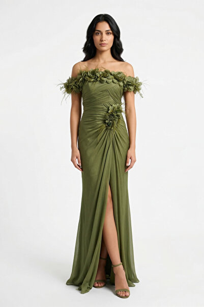 BDM Exclusive Rosaline El İşçiliği Çiçek Detaylı Drapeli Uzun Abiye