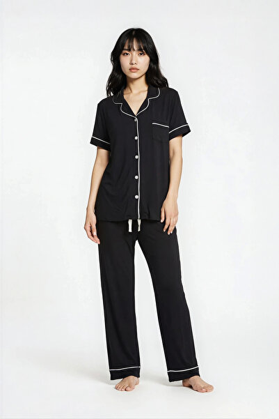 Ecrou Women's Black Plain Viscose Peter Pan collar Short Sleeve Trousers Paja...