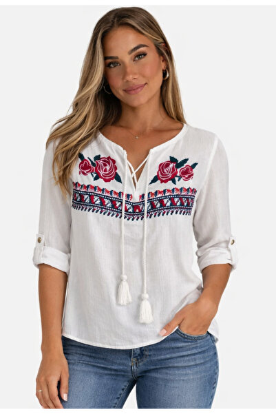 Nobrand Women's white boho blouse with rose embroidery and adjustable drawstr...