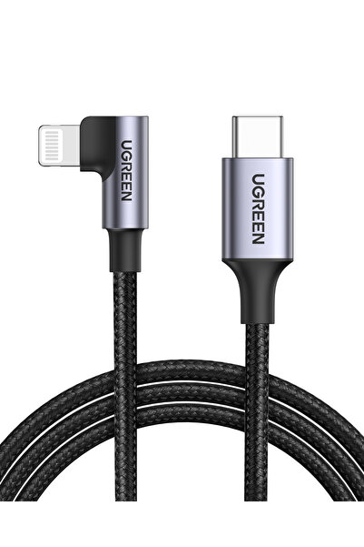 Ugreen USB-C - Lightning 3A QC PD 90 Derece Örgülü Hızlı Şarj Kablosu, 2 m, S...